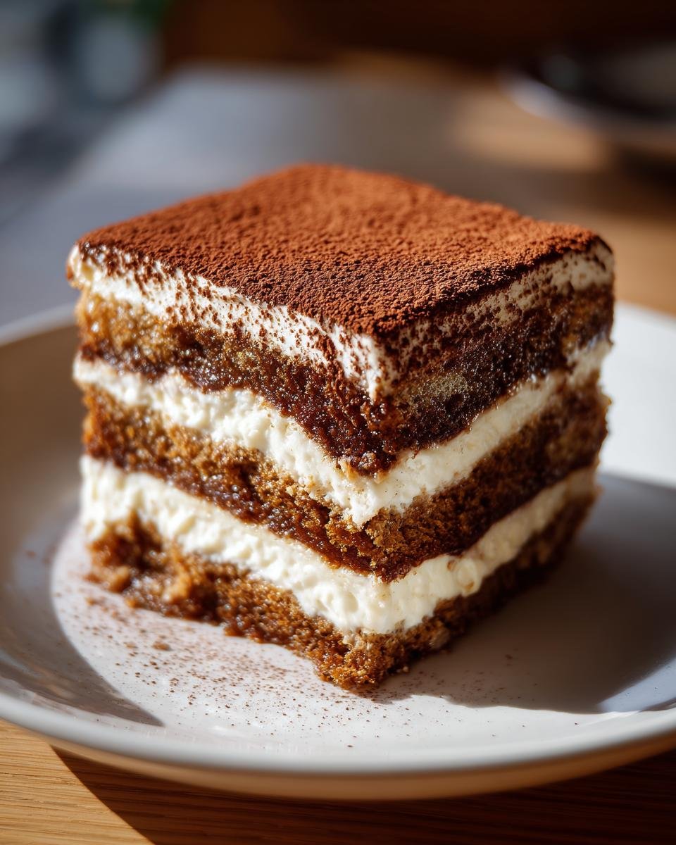 Close-up of a layered slice of Delicious Coffee Tiramisu Cake, dusted heavily with cocoa powder.