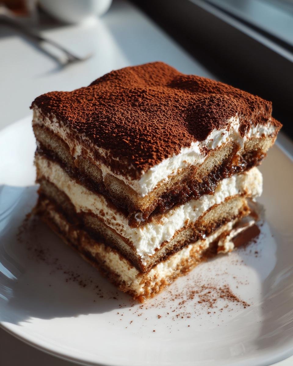 A square slice of delicious Coffee Tiramisu Cake showing layers of cream, coffee-soaked ladyfingers, and a heavy dusting of cocoa powder.