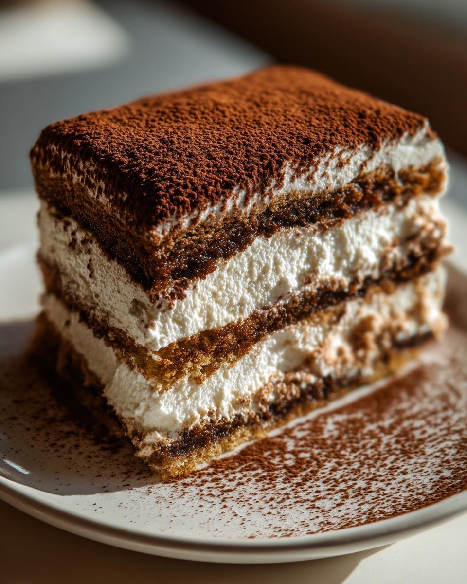 A rich slice of Delicious Coffee Tiramisu Cake featuring layers of cream and coffee-soaked cake, dusted heavily with cocoa powder.