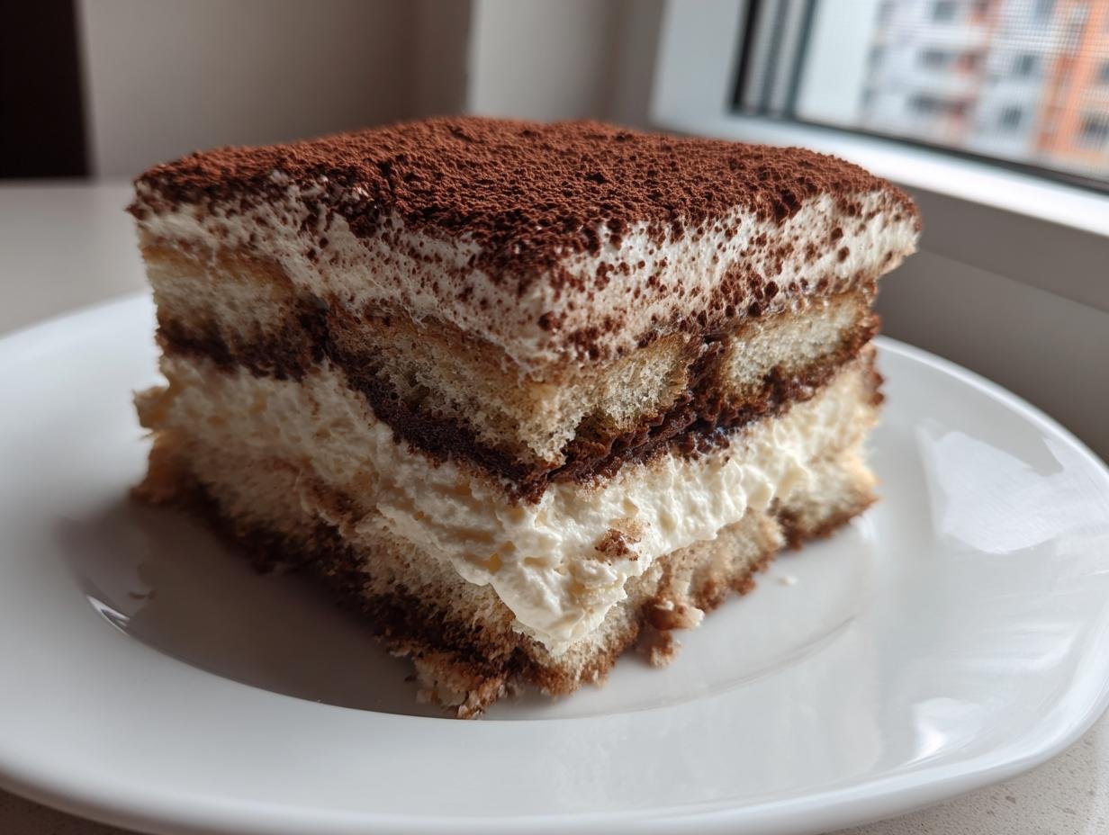 A perfect slice of Coffee Tiramisu Cake, layered with cream and dusted with cocoa powder.