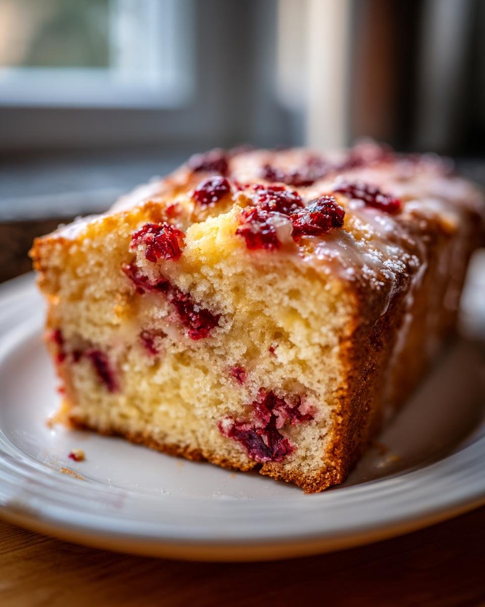 Close-up of a slice of Delicious Cranberry Orange Loaf Recipe, showing moist crumb and cranberry pieces, topped with a light glaze.