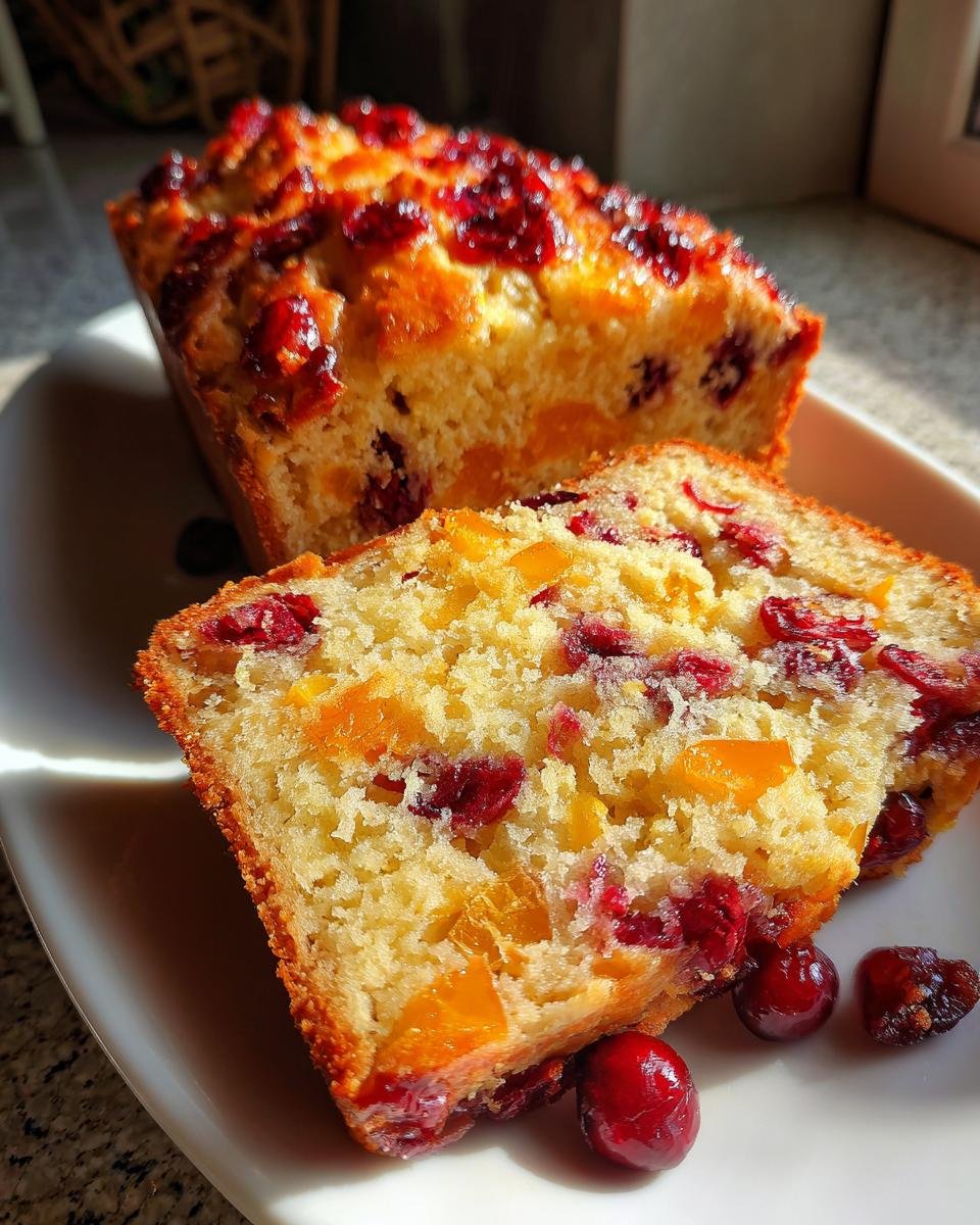 A close-up of a slice of Delicious Cranberry Orange Loaf Recipe showing cranberries and orange pieces in the moist crumb.