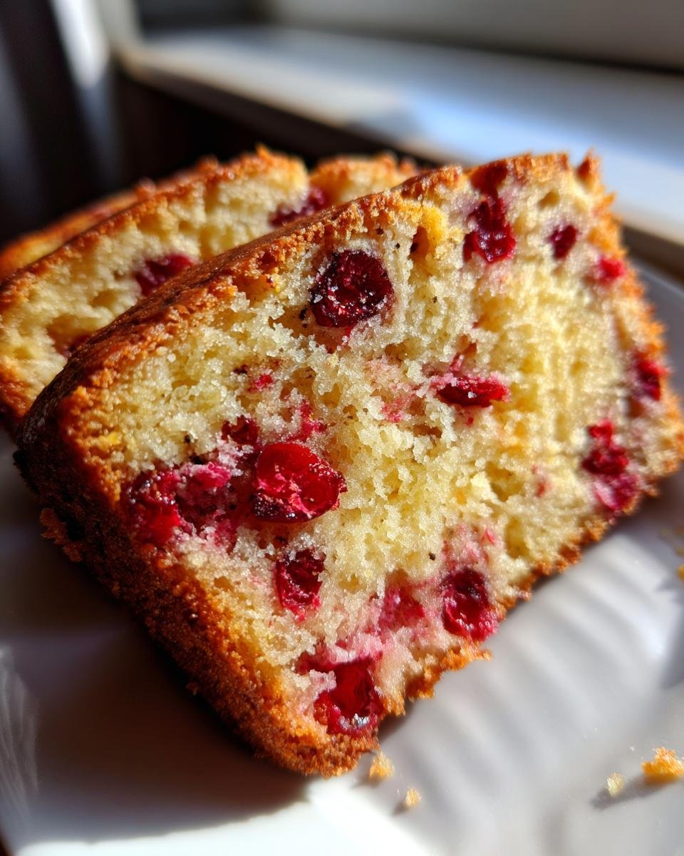 Close-up of two moist slices of Delicious Cranberry Orange Loaf Recipe studded with bright red cranberries.