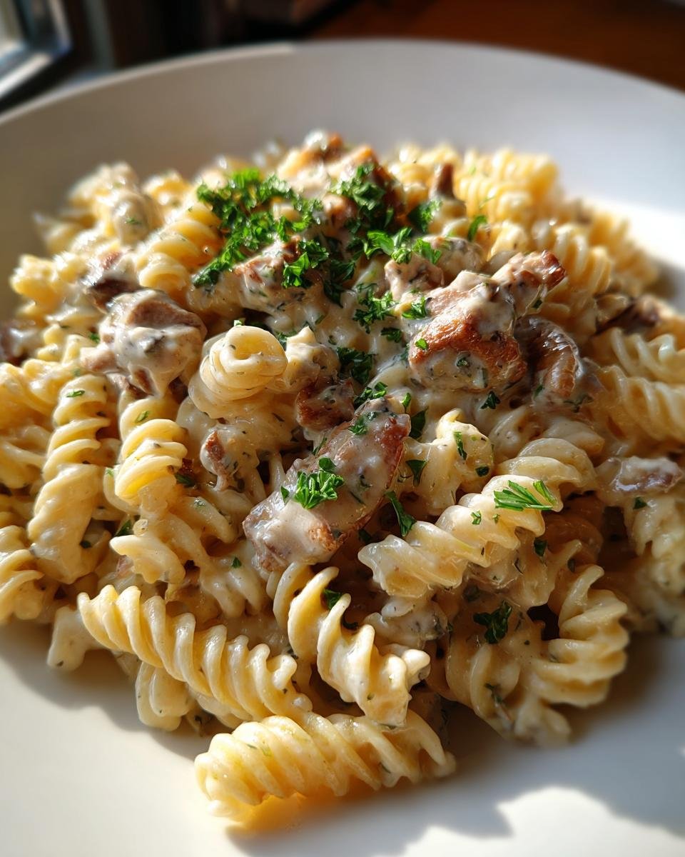 A close-up shot of Delicious Garlic Chicken Rotini pasta coated in a creamy sauce and topped with fresh parsley.