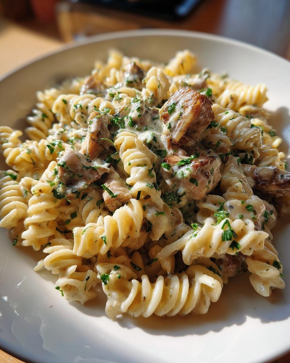 A close-up of Delicious Garlic Chicken Rotini pasta coated in a creamy sauce and topped with fresh parsley.