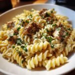 Close-up of Delicious Garlic Chicken Rotini pasta coated in a creamy white sauce and topped with fresh parsley.