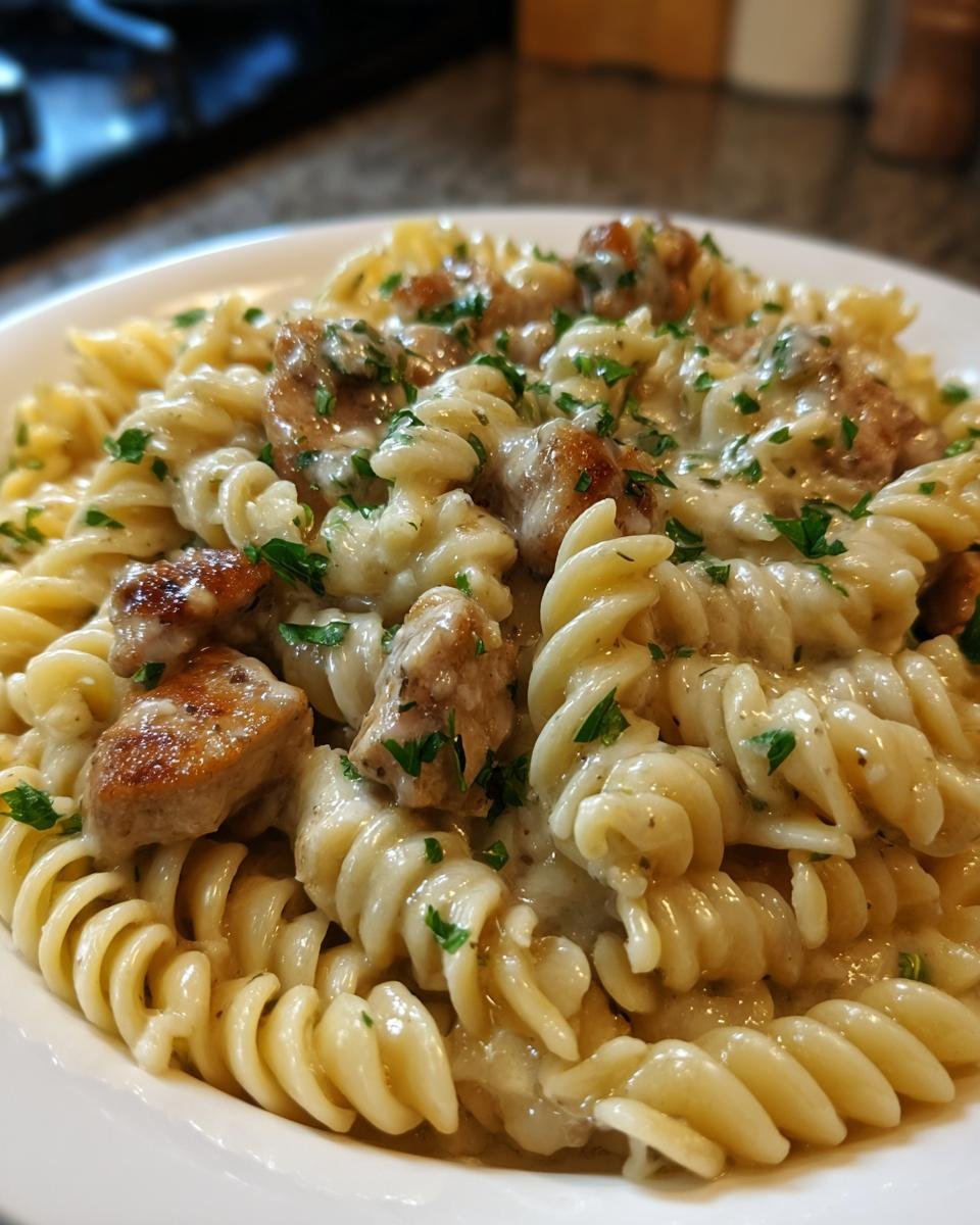 Close-up of Delicious Garlic Chicken Rotini pasta in a creamy sauce, topped with browned chicken pieces and fresh parsley.