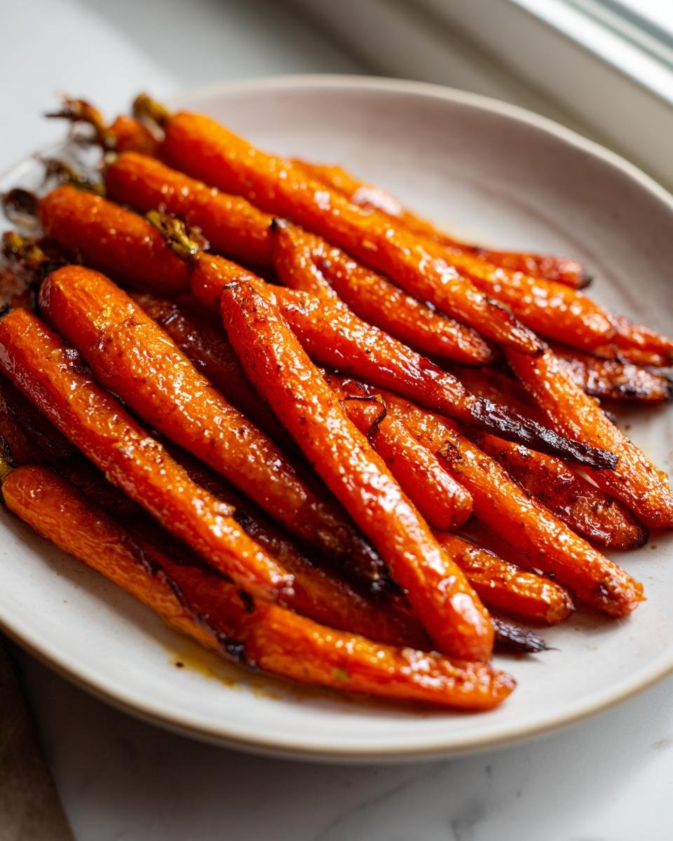 A close-up of perfectly glazed and roasted carrots, ready to serve from the Delicious Honey Garlic Roasted Carrots Recipe To Impress.