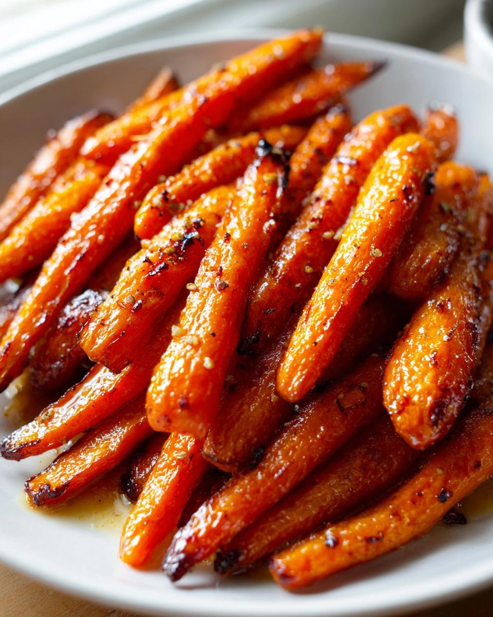 Close-up of glistening, perfectly roasted carrots coated in a sweet glaze, ready to serve for a Delicious Honey Garlic Roasted Carrots Recipe.