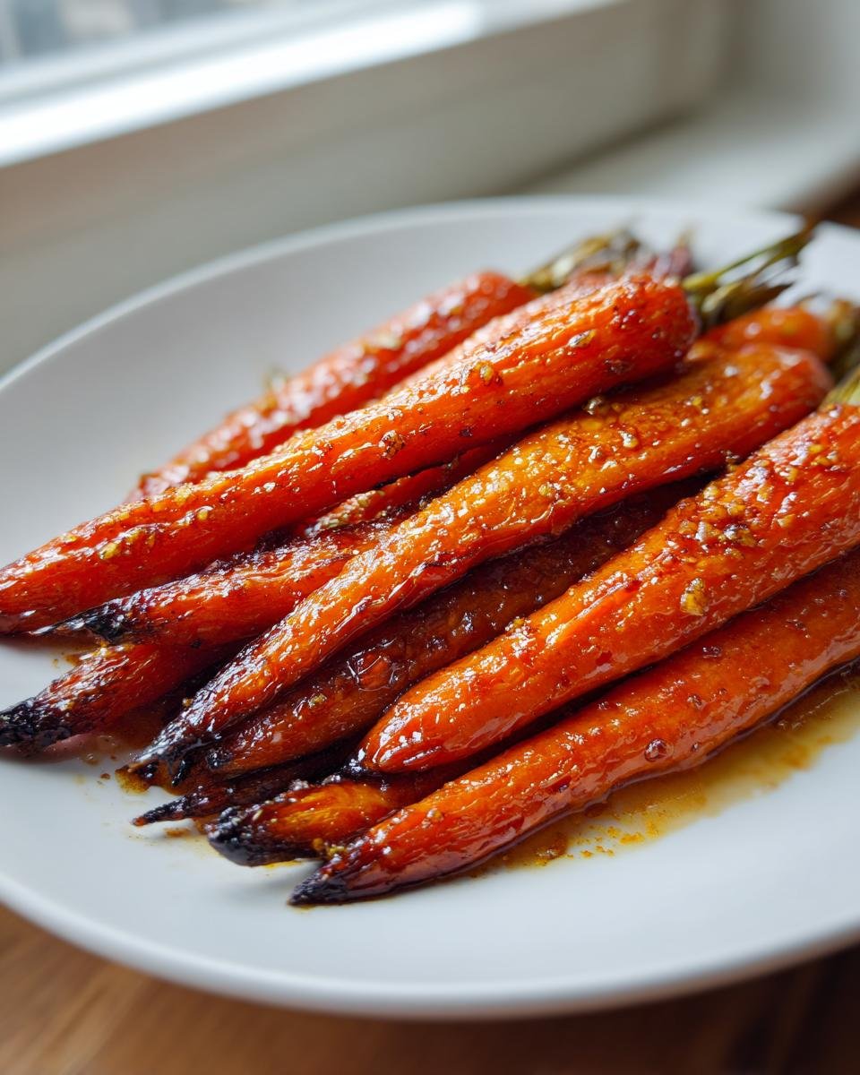 Close-up of whole, glazed carrots coated in a sticky sauce, showcasing the Delicious Honey Garlic Roasted Carrots Recipe To Impress.