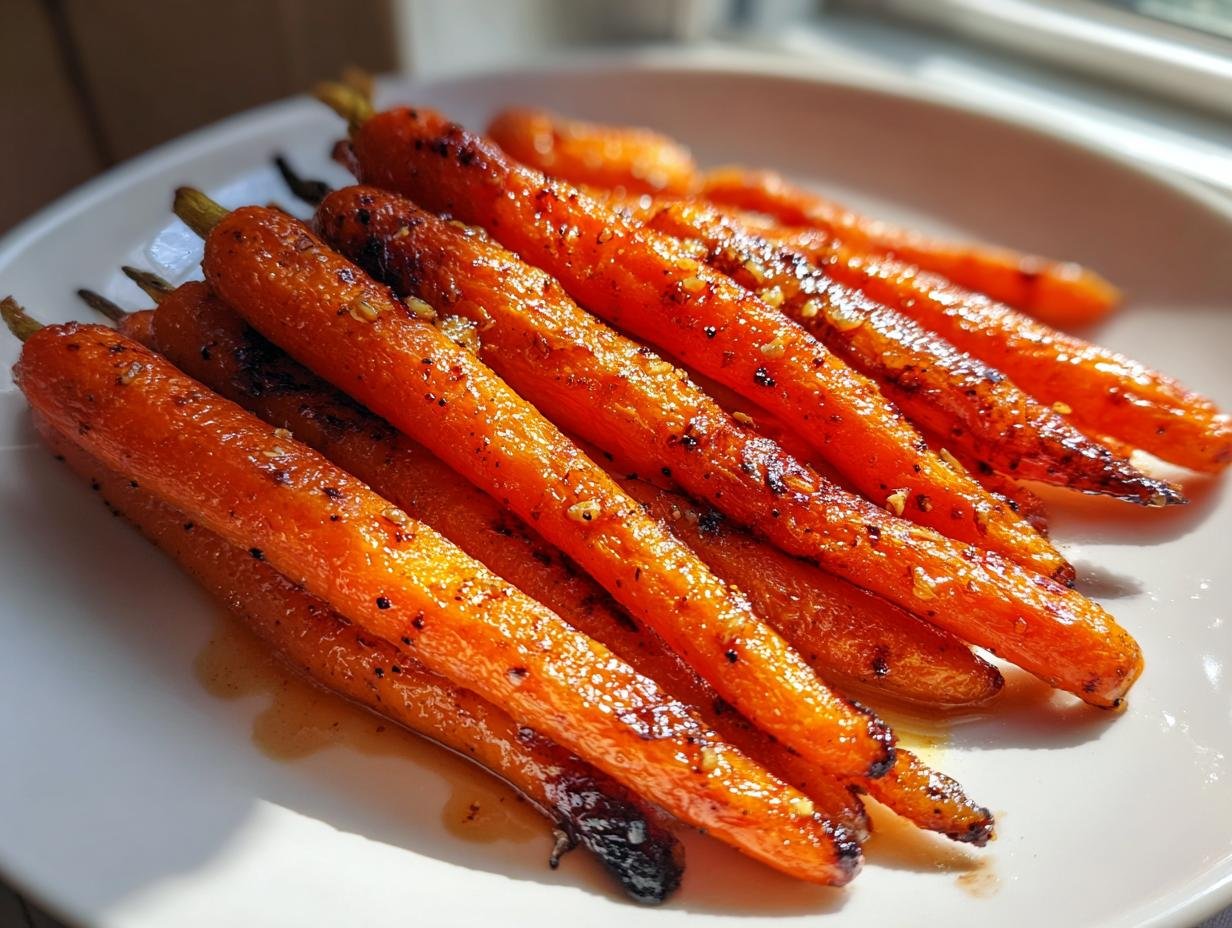A close-up of Delicious Honey Garlic Roasted Carrots Recipe, glazed and slightly charred, served on a white plate.