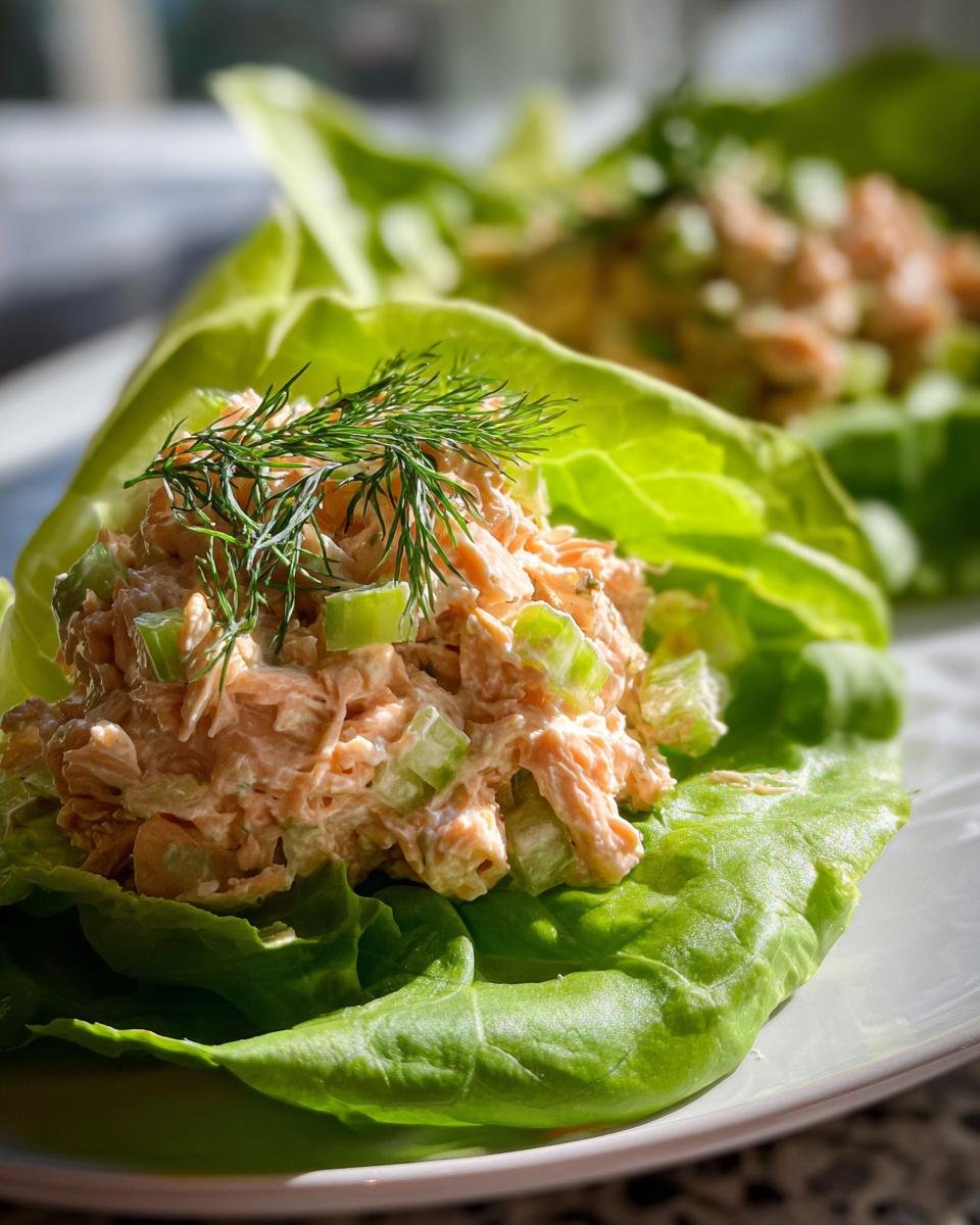 Close-up of Delicious Salmon Salad Recipe served in crisp lettuce cups, garnished with fresh dill.