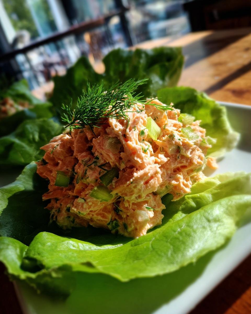 A scoop of Delicious Salmon Salad Recipe served in crisp green lettuce cups, topped with fresh dill.