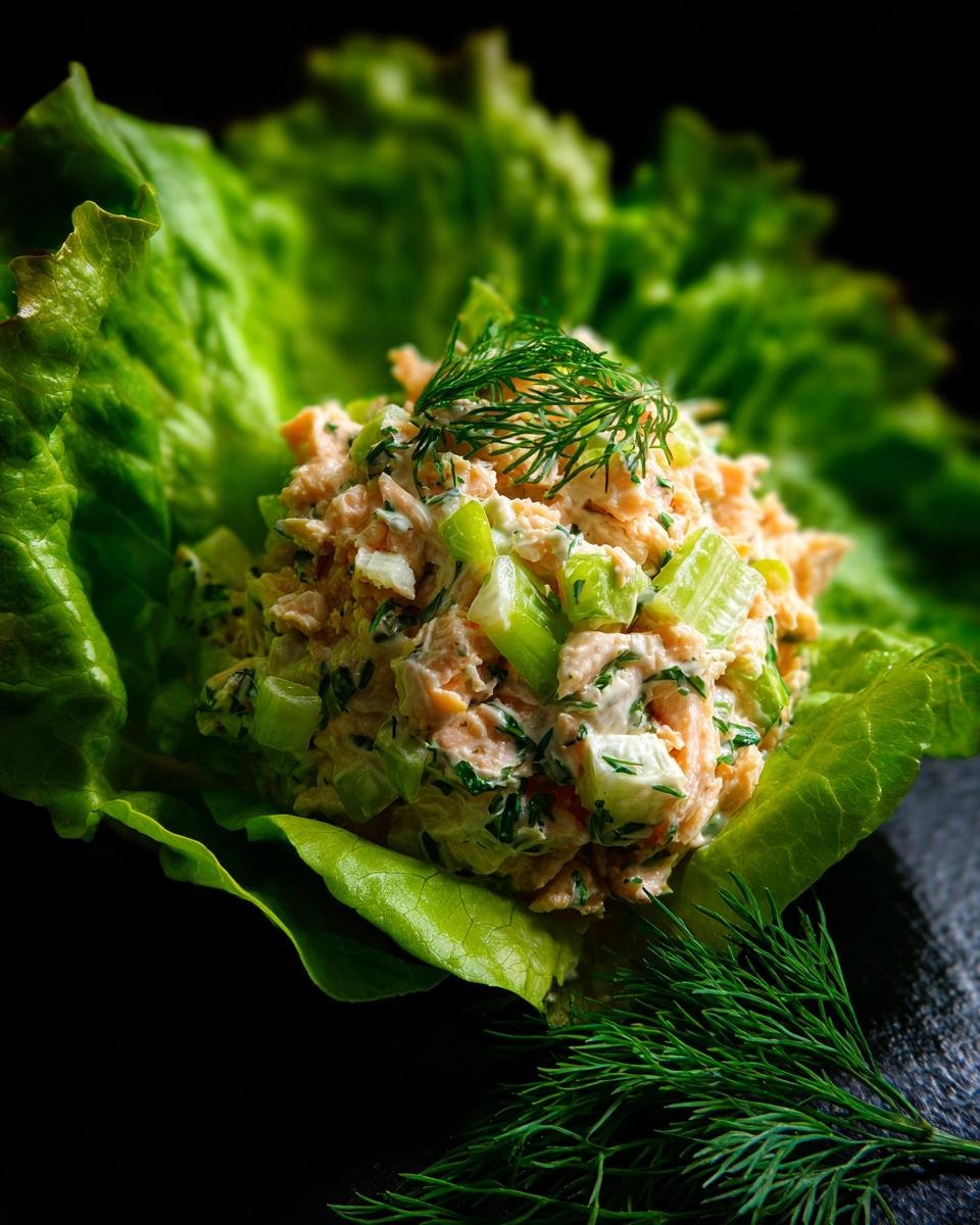 A scoop of Delicious Salmon Salad Recipe with celery and herbs served in a crisp lettuce cup, garnished with fresh dill.