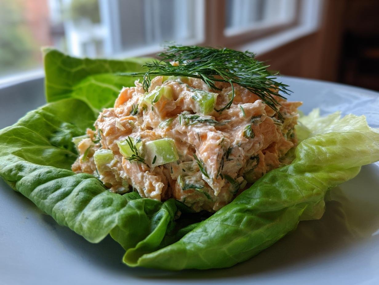 A scoop of Delicious Salmon Salad Recipe with celery and dill served in a crisp lettuce cup.