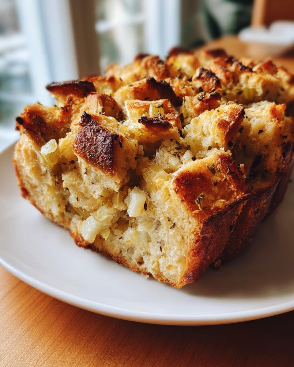 A close-up of a golden brown slice of Delicious Sourdough Stuffing Recipe with visible herbs and onion pieces.