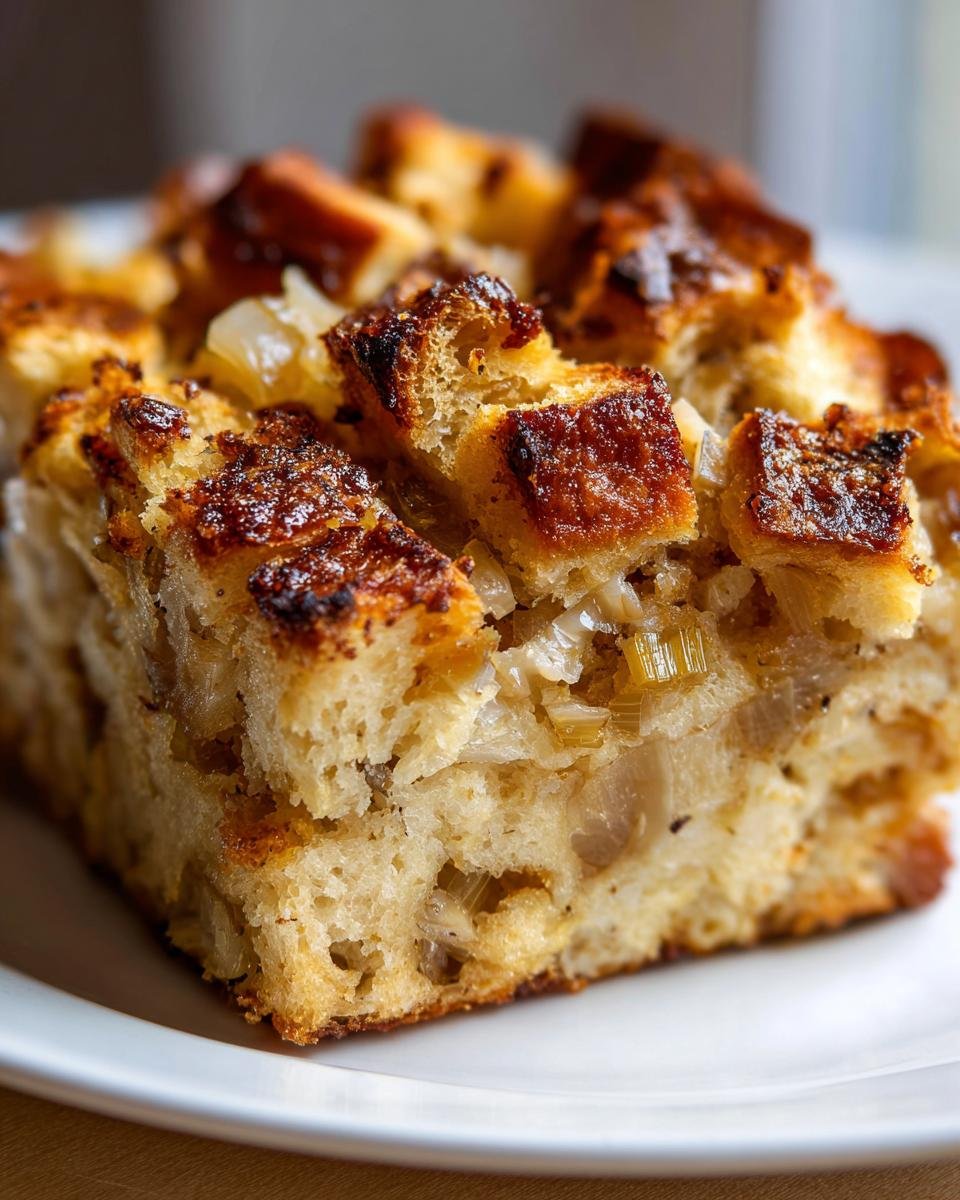 Close-up of a moist slice of Delicious Sourdough Stuffing Recipe with golden, crispy bread cubes and visible onions.