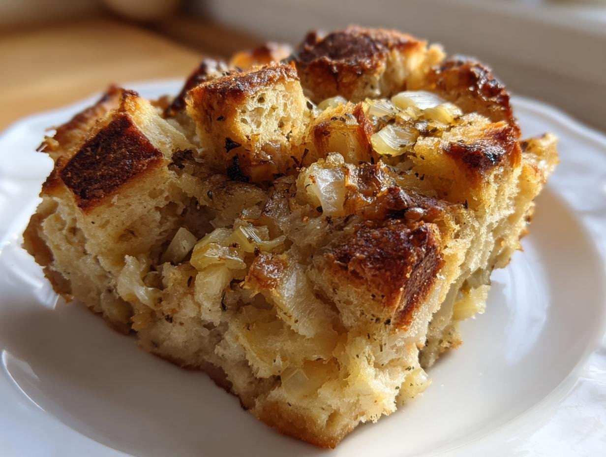 Close-up of a perfectly baked slice of Delicious Sourdough Stuffing Recipe on a white plate.