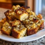 Close-up of toasted sourdough stuffing cubes mixed with saut&eacute;ed onions and herbs, ready to serve.