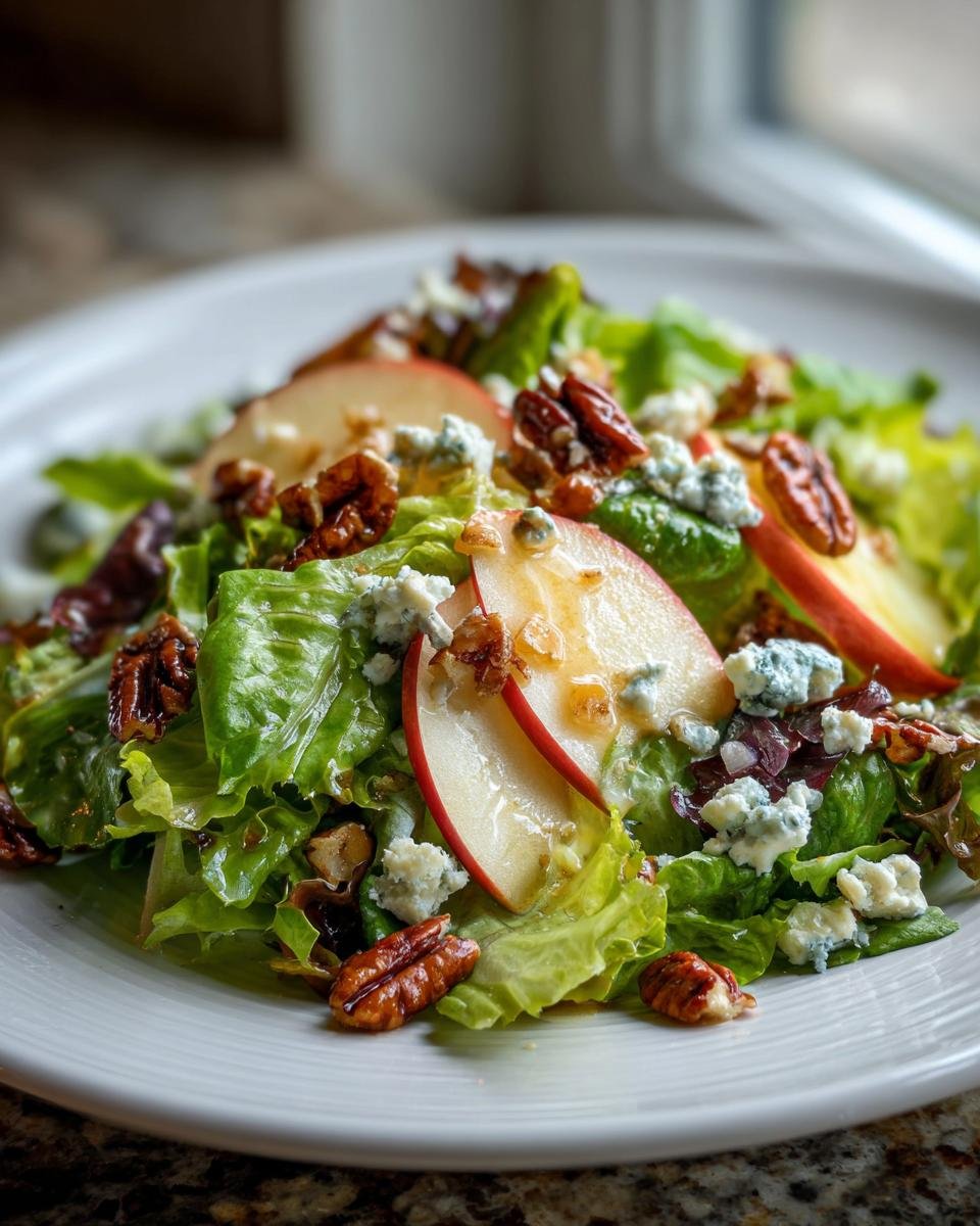 Close-up of a Delightful Autumn Harvest Honeycrisp Apple Salad with pecans and blue cheese crumbles.