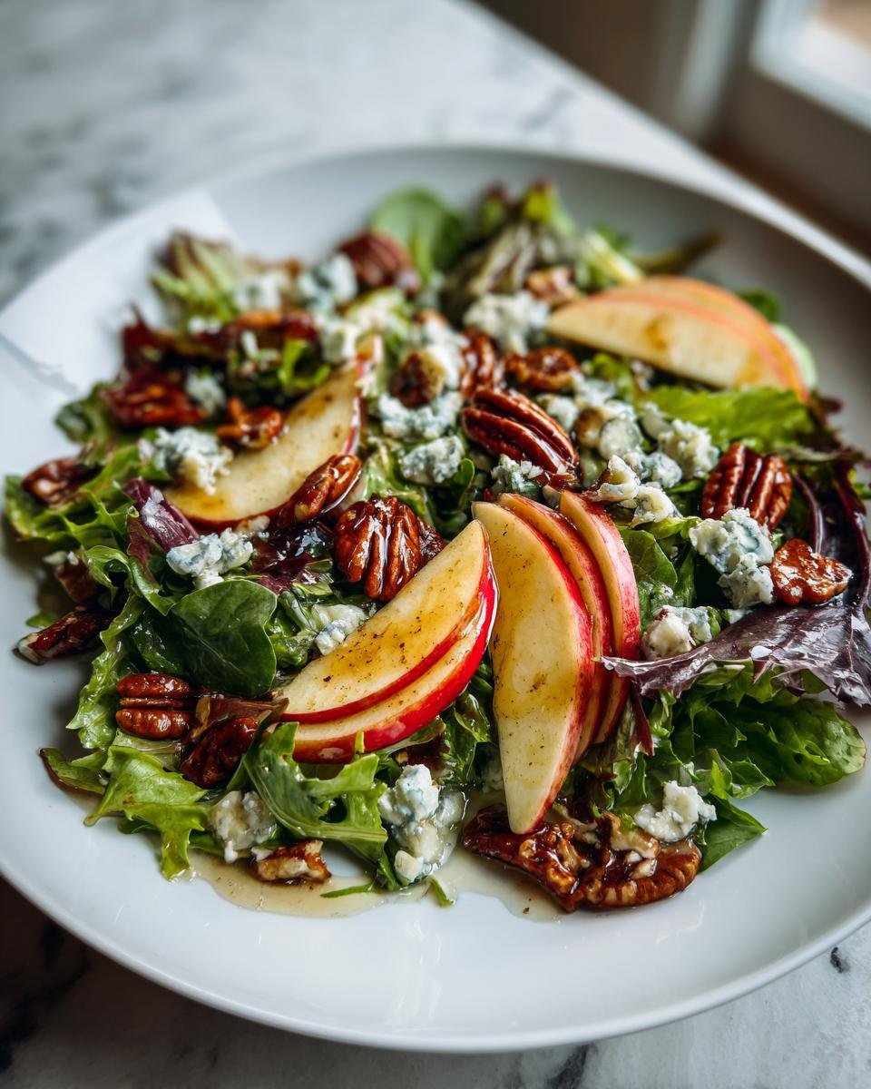 Close-up of a Delightful Autumn Harvest Honeycrisp Apple Salad with pecans and blue cheese crumbles.