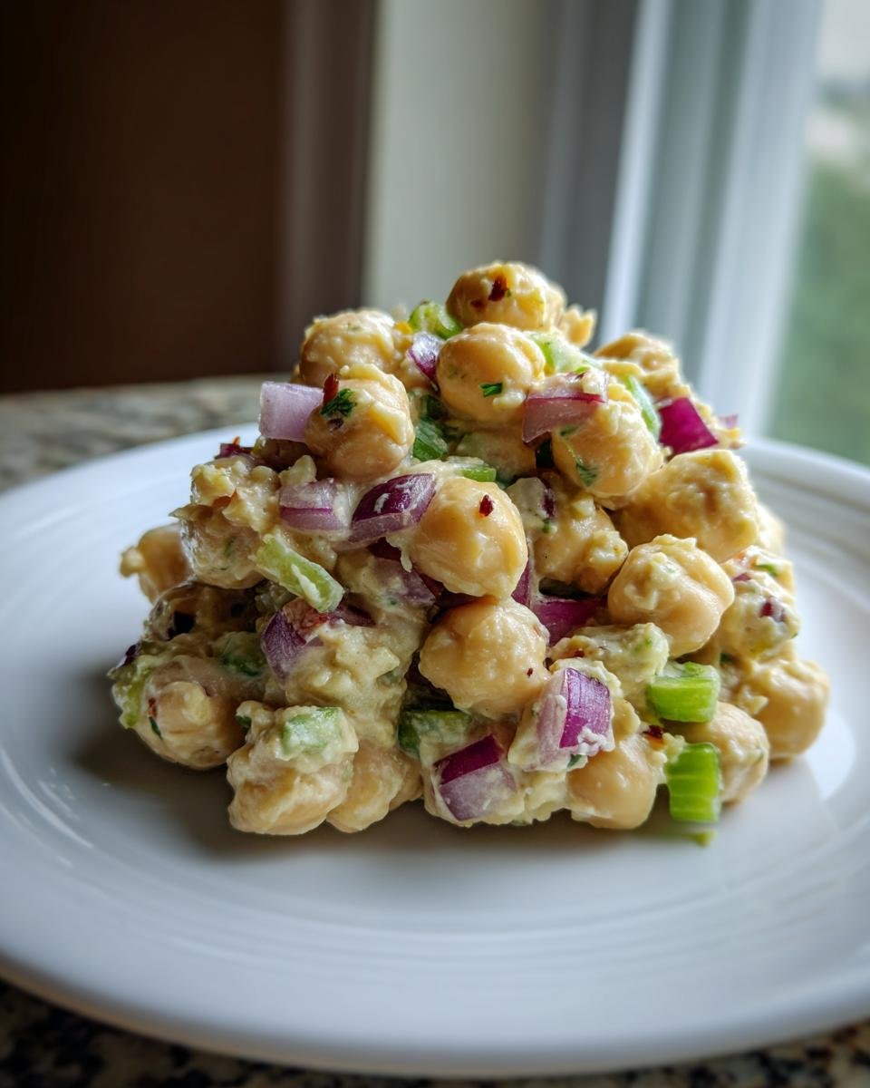 A mound of creamy, Delightful Chickpea Salad featuring whole chickpeas, diced red onion, and celery on a white plate.