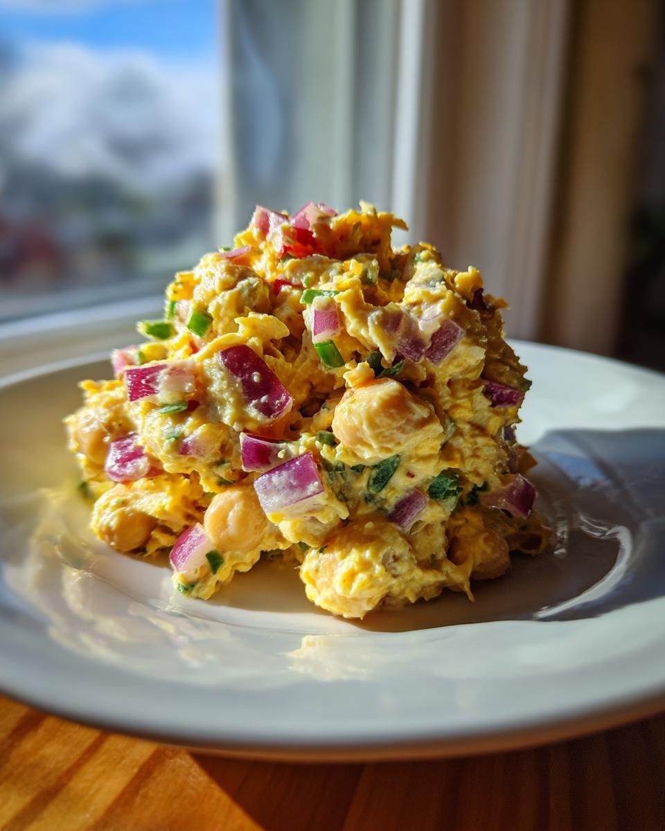 A mound of creamy, yellow Delightful Chickpea Salad mixed with visible chunks of red onion and green herbs, served on a white plate.