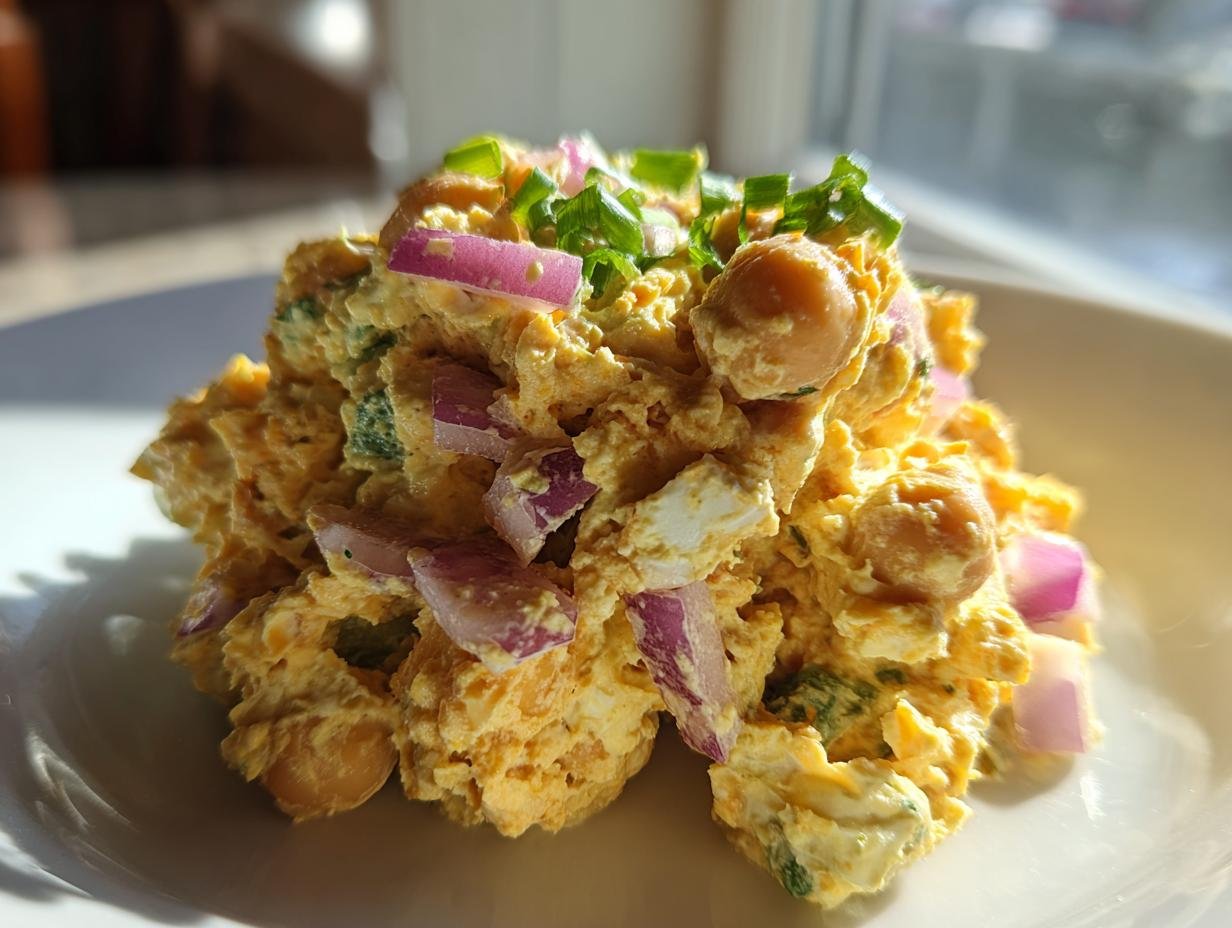 A scoop of creamy, yellow Delightful Chickpea Salad mixed with chunks of red onion and topped with green onions.