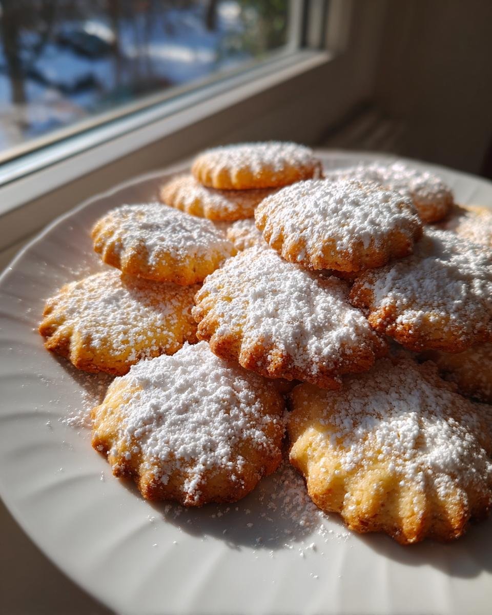A plate piled high with Delightful Italian Christmas Cookies dusted generously with powdered sugar.