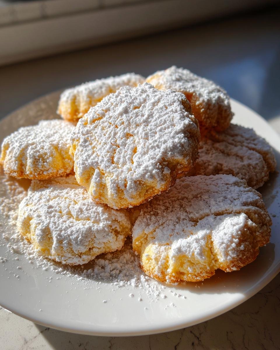 A stack of Delightful Italian Christmas Cookies heavily dusted with white powdered sugar on a white plate.