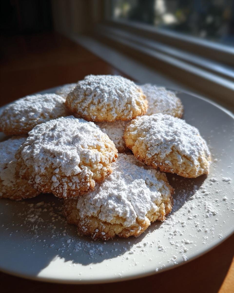A stack of golden Delightful Italian Christmas Cookies heavily dusted with powdered sugar on a white plate.