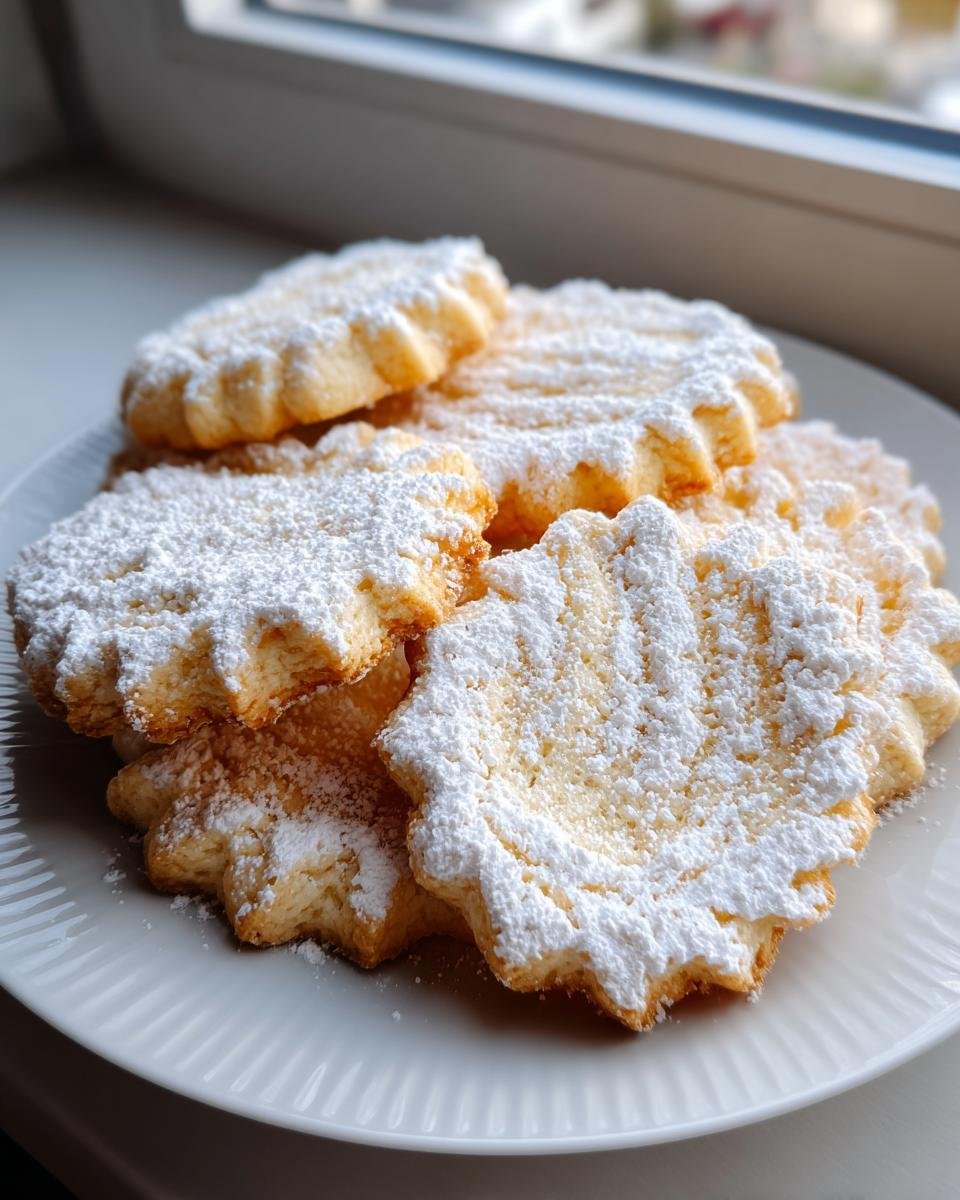 A plate piled high with star-shaped Delightful Italian Christmas Cookies generously dusted with white powdered sugar.