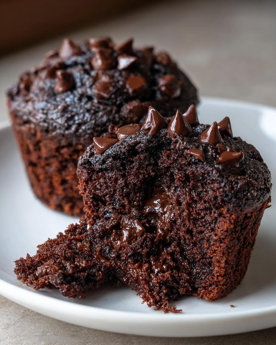 Close-up of a broken Double Chocolate Chip Muffins showing a moist, dark interior and melted chocolate chips.
