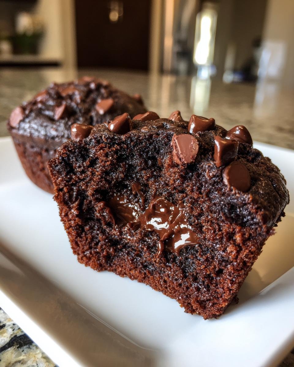 Close-up of a halved Double Chocolate Chip Muffins showing a molten chocolate center and chocolate chips on top.