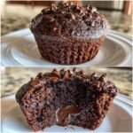 A split image showing a whole and a cross-section of a Double Chocolate Chip Muffin with a gooey, melted chocolate center.
