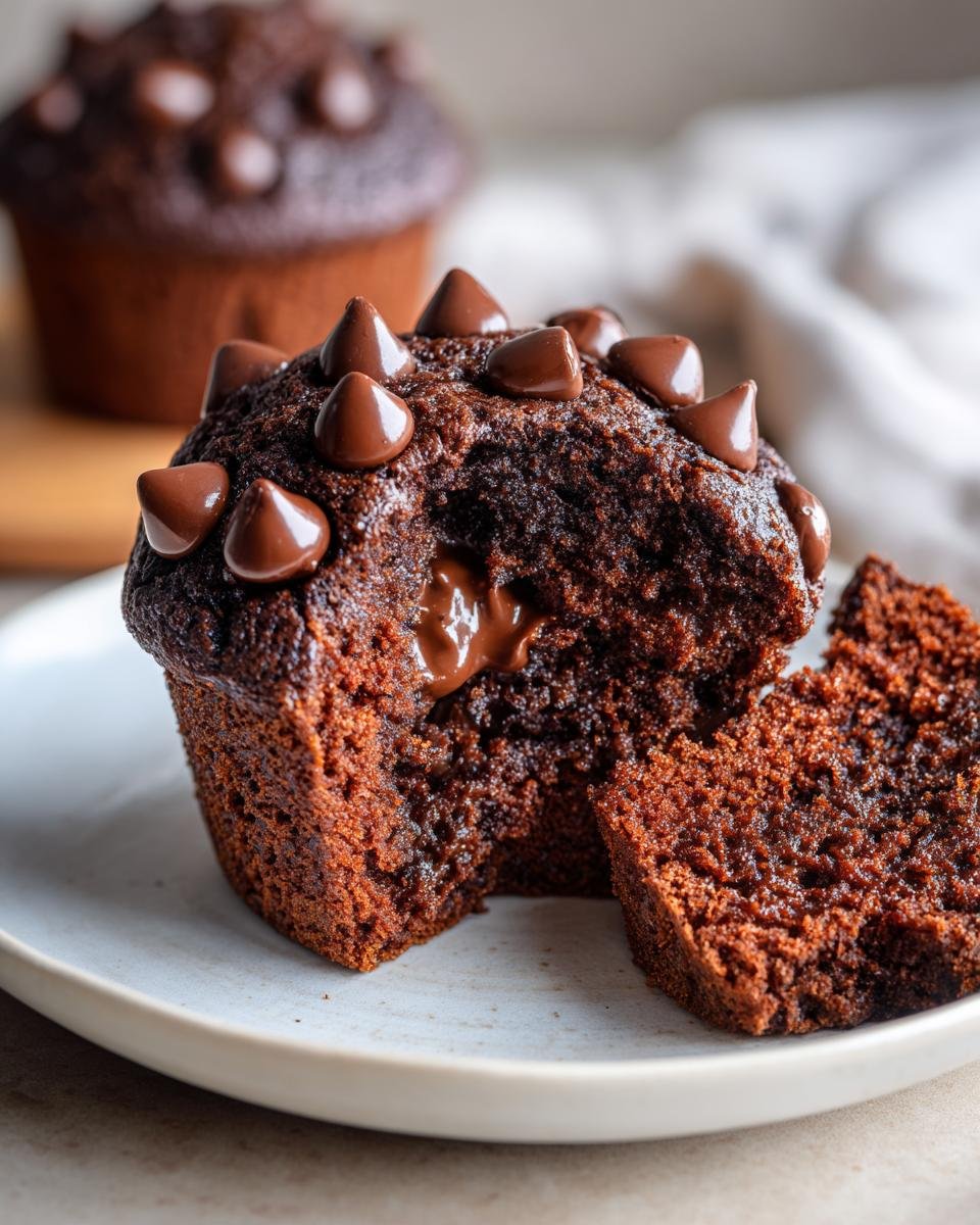 Close-up of a Double Chocolate Chip Muffin broken open revealing a gooey chocolate center and topped with chocolate chips.