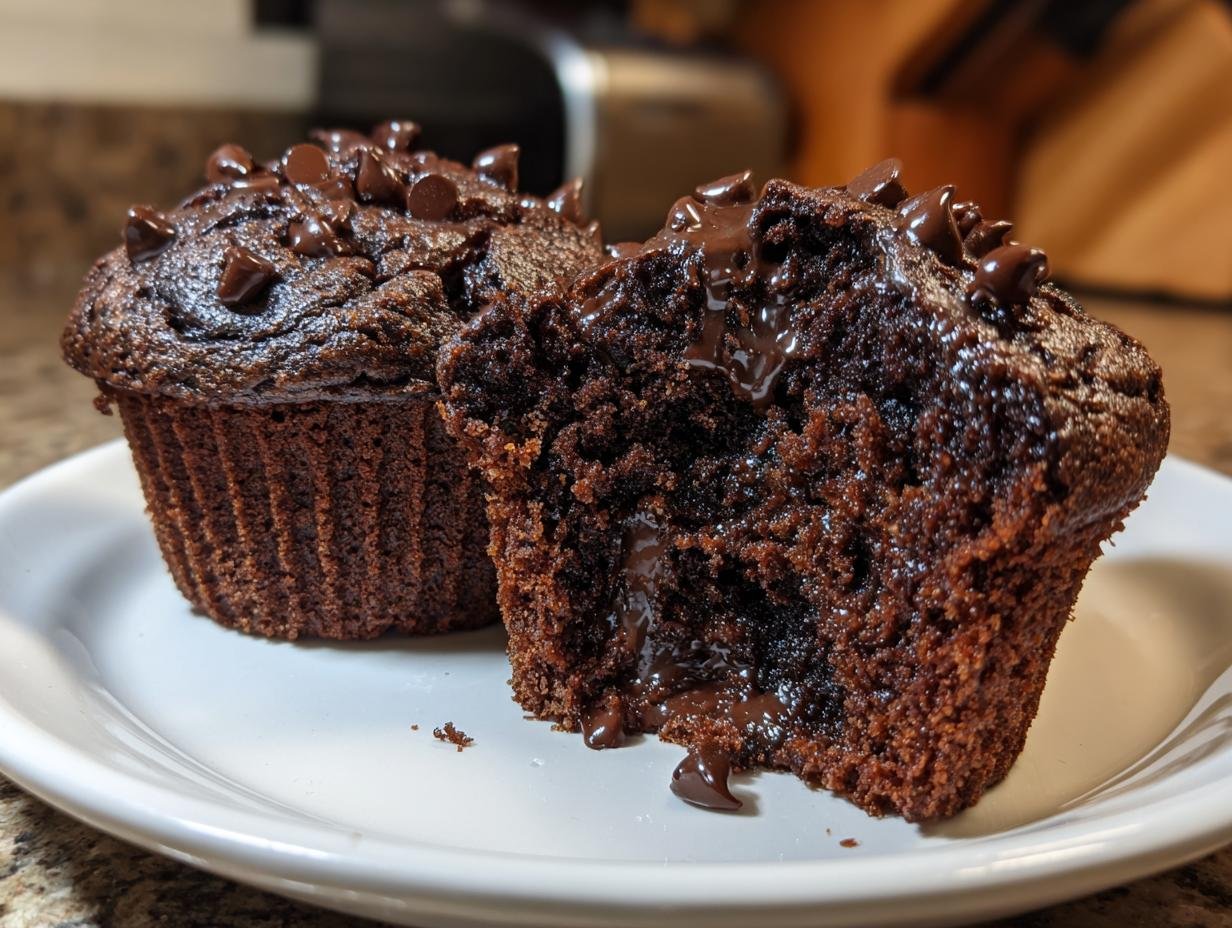 Two rich, dark Double Chocolate Chip Muffins on a white plate, one cut open revealing a gooey, molten chocolate center.