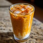 Close-up of an Easy Pumpkin Pie Iced Latte with ice cubes and a dusting of spice on top.