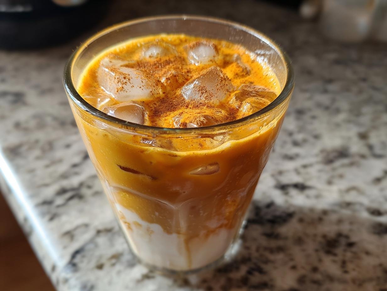 Close-up of an Easy Pumpkin Pie Iced Latte layered with milk, pumpkin coffee, ice, and sprinkled with cinnamon.