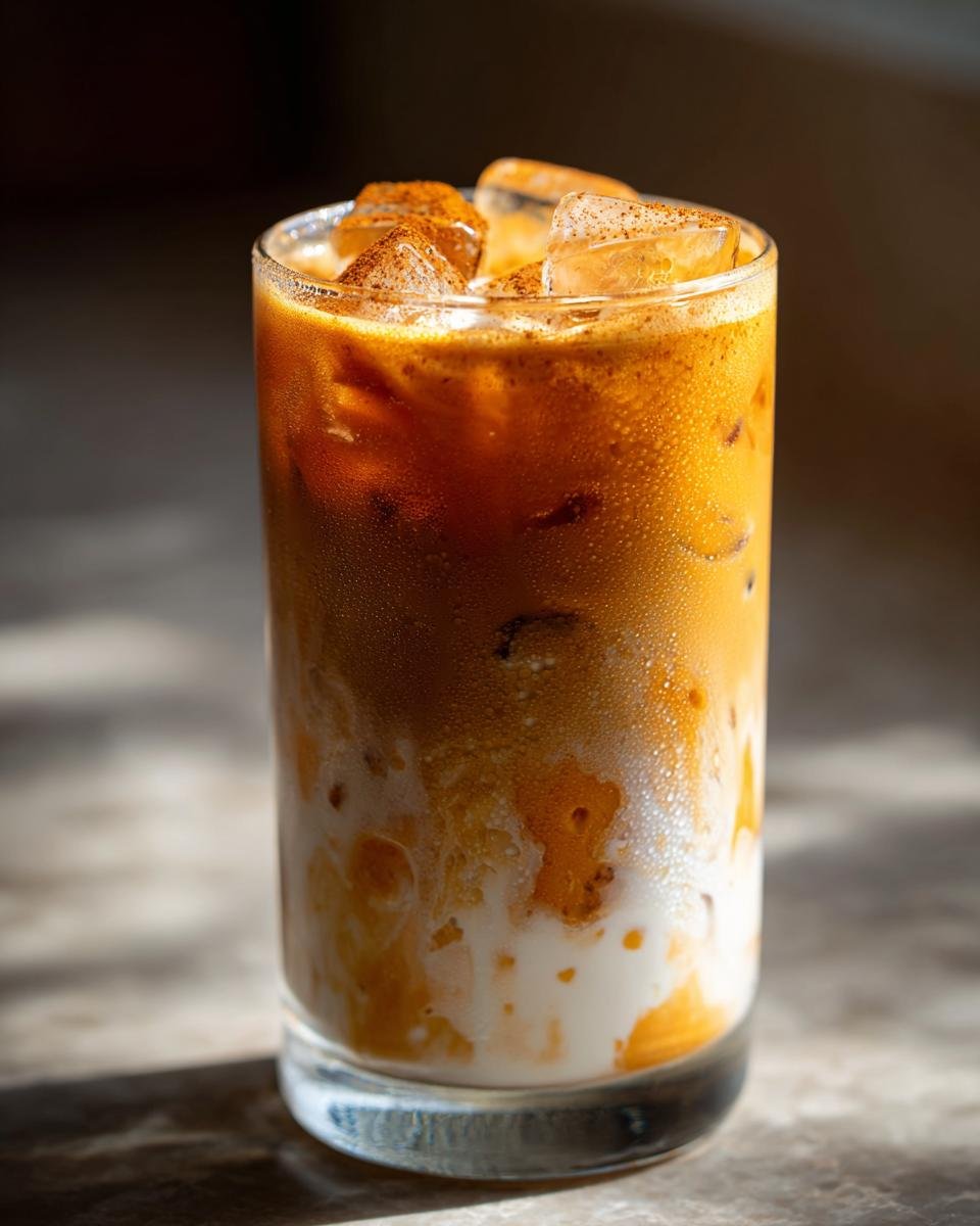 Close-up of an Easy Pumpkin Pie Iced Latte with ice cubes, showing layers of orange pumpkin mixture and white milk.
