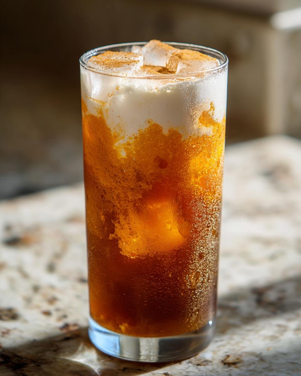 A tall glass of Easy Pumpkin Pie Iced Latte with ice, layered orange liquid, white foam, and a dusting of spice.