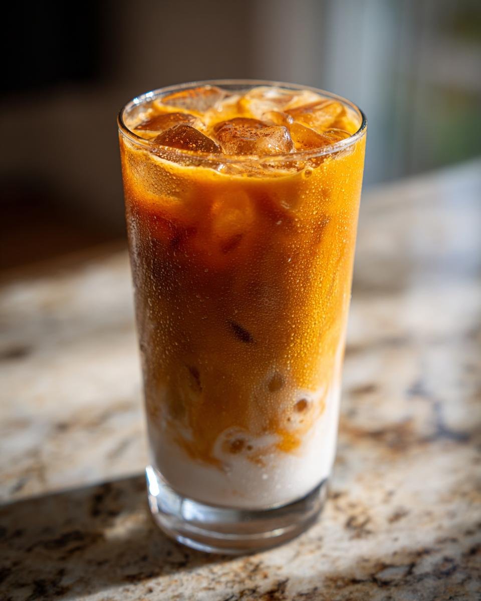 A tall glass of Easy Pumpkin Pie Iced Latte with ice cubes, showing layers of milk and coffee.
