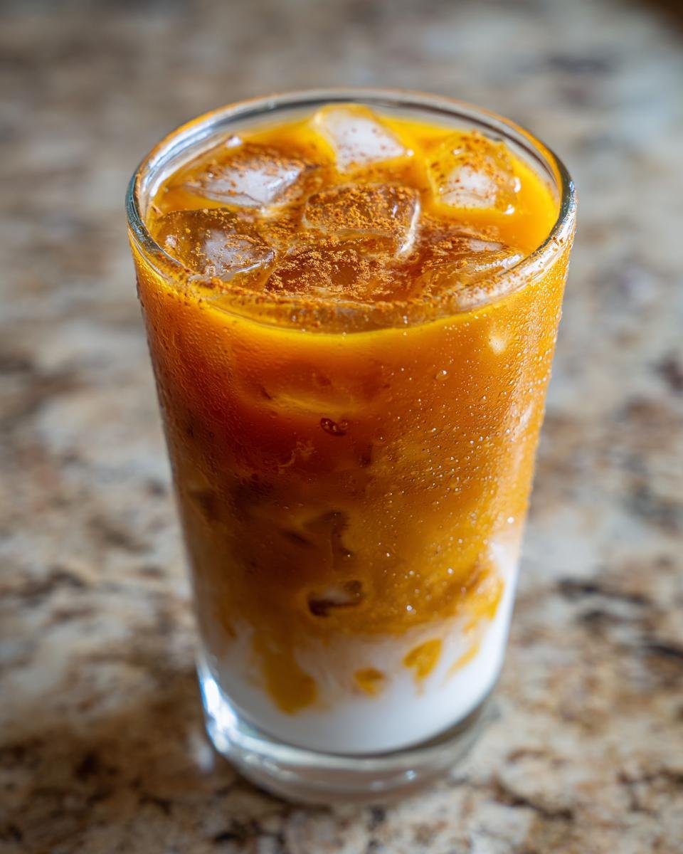 Close-up of a refreshing Easy Pumpkin Pie Iced Latte with ice cubes and cinnamon dusting.
