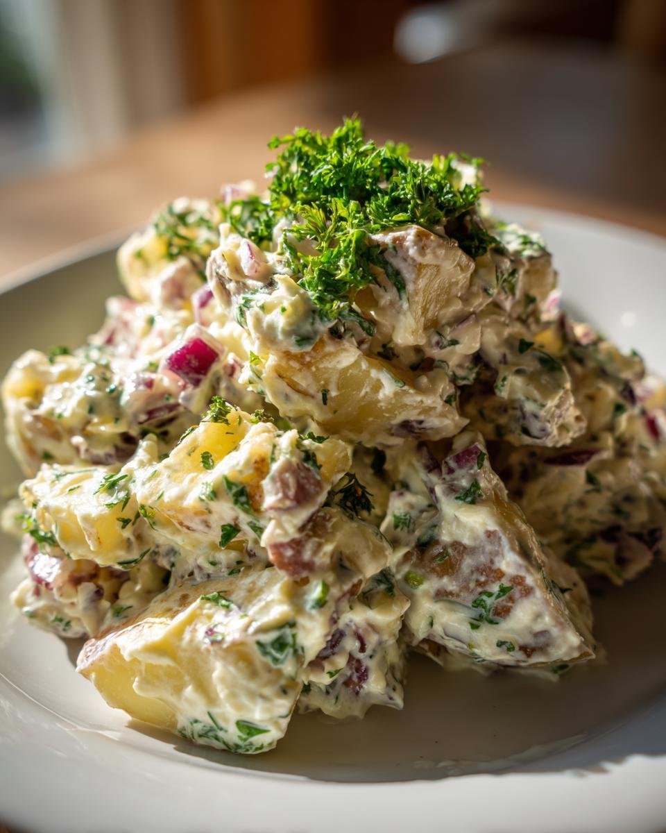 A close-up of creamy Easy Vegan Roasted Potato Salad mixed with red onion and topped with fresh parsley.