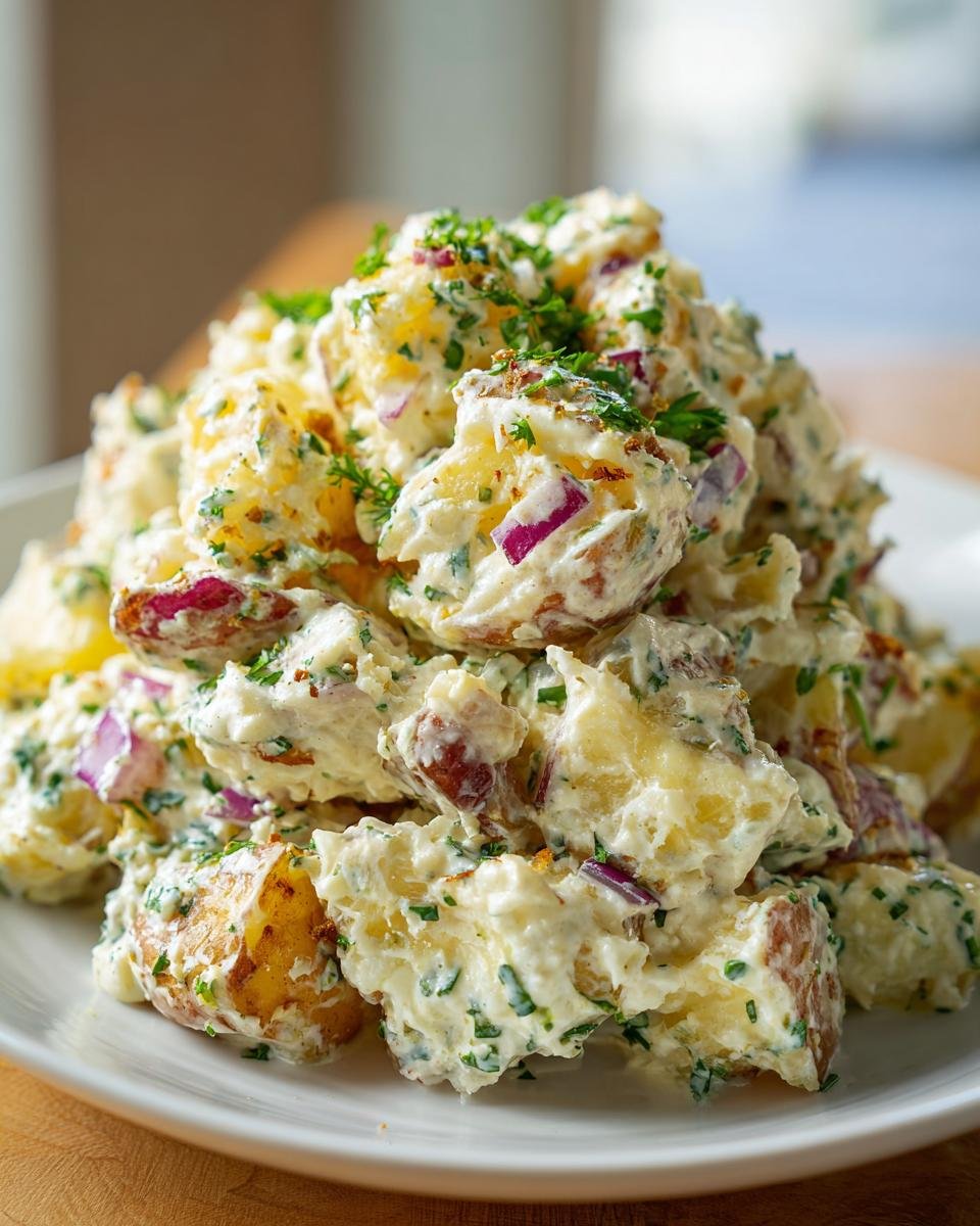A generous mound of creamy Easy Vegan Roasted Potato Salad mixed with red onion and fresh herbs on a white plate.