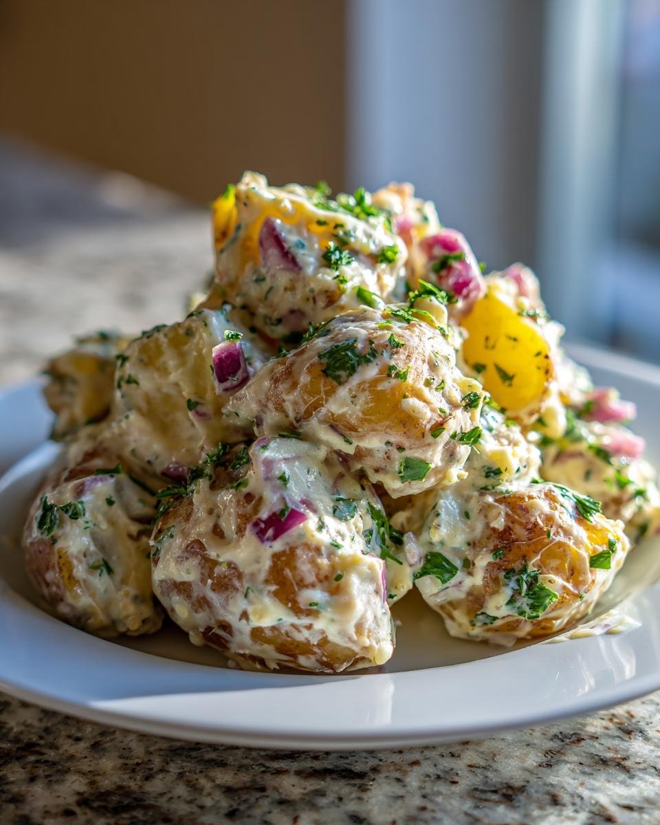 A mound of Easy Vegan Roasted Potato Salad coated in creamy dressing with red onion and parsley on a white plate.