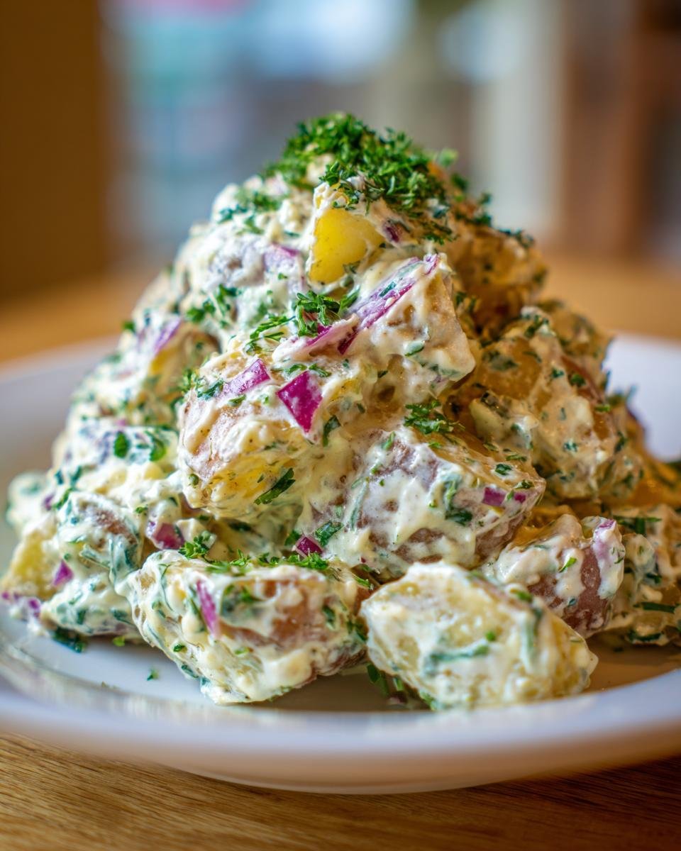 Close-up of a mound of Easy Vegan Roasted Potato Salad tossed in creamy dressing with red onion and fresh herbs.