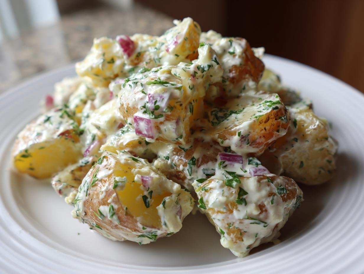 Close-up of roasted potato chunks coated in creamy dressing, red onion, and fresh herbs in an Easy Vegan Roasted Potato Salad.