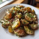 Close-up of roasted potatoes tossed with herbs and red onion, ready to serve as Easy Vegan Roasted Potato Salad.