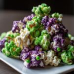 A close-up of a pile of Enchanting Witches Brew Popcorn Snack Recipe, colored green, purple, and white, with green candy eyes.